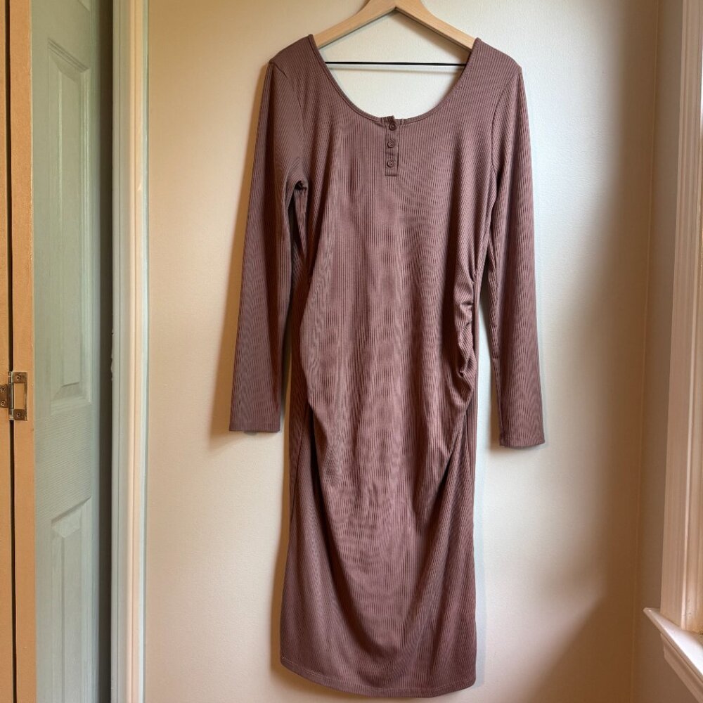 Heart & Hips Maternity Ribbed Mid Length Dress Mauve Women's XL (X135)